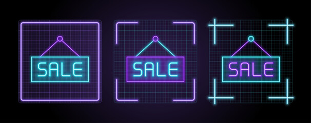 Sale sign icon illustration, cyber neon visual, glowing border grid vector.
