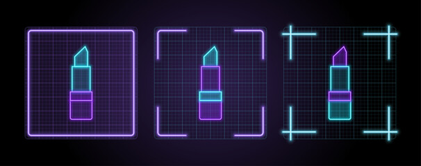 Lipstick icon illustration, cyber neon visual, glowing border grid vector.