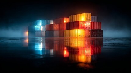 Unveiling global commerce: intricate views of shipping containers. Visual identity. Majestic port view with adjusted container positions in international trade. High contrast. Abstract neon.