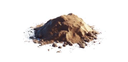 Small mound of sandy soil isolated on transparent background, showcasing the earthy tones and granular texture of the natural ground material in a simple composition