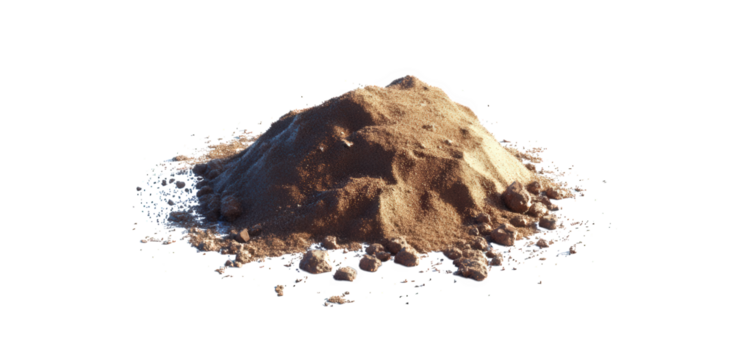 Small mound of sandy soil isolated on transparent background, showcasing the earthy tones and granular texture of the natural ground material in a simple composition