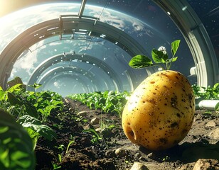 A large potato sprouts in a futuristic indoor farm on an alien world