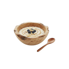 Healthy Breakfast Oatmeal Topped With Blueberries And Nuts Served In A Rustic Wooden Bowl With A Wooden Spoon