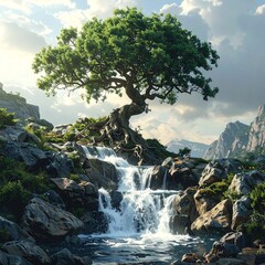 A large tree grows atop a waterfall, in a scenic mountainous landscape