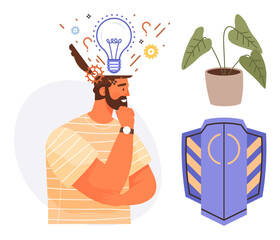Thoughtful man with glowing lightbulb and gears, shield symbolizing security, nearby potted plant suggesting growth. Ideal for creativity, innovation, strategy, protection, mental health