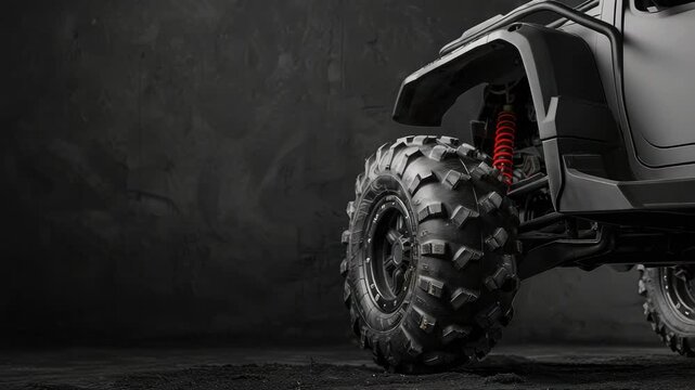 Close-up of off-road vehicle tire against dark background