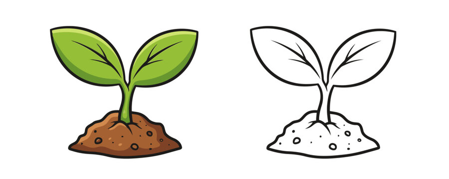 Stylized illustration of a small green seedling or sprout growing from a mound of brown soil, presented as both a color image and a black outline