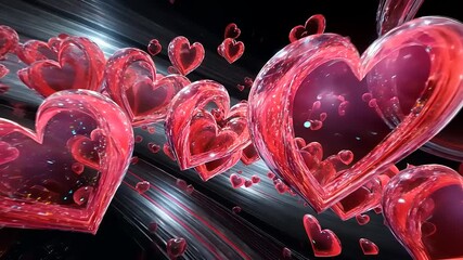 Vibrant red hearts floating in a dynamic, abstract background with swirling lines and light effects - Powered by Adobe