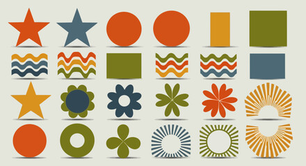 Retro geometric shape collection: star, circle, square, flower, wave and sun symbols