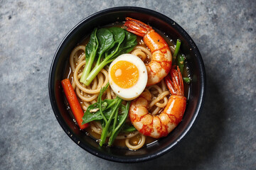 Asian noodle soup, ramen with prawn shrimp, vegetables and egg in black bowl on gray concrete background. Flat lay, Top view, mock up, overhead. Healthy food concept.