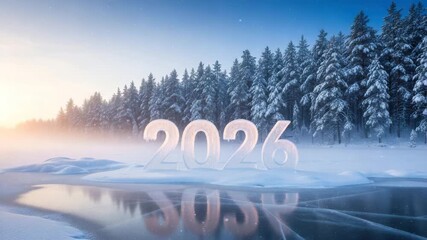 2026 ice numbers frozen lake winter forest sunrise mist glowing light snow falling serene landscape - Powered by Adobe