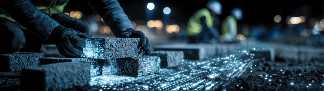 Collaborative construction: a team effort in urban development. Futuristic technology. Morning in motion: workers arranging concrete blocks with care. Cyber technology. Technology progress.