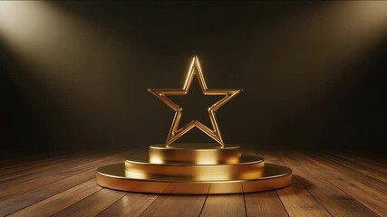 Golden star trophy rotating on a stage with spotlight in elegant setting for awards show - Powered by Adobe