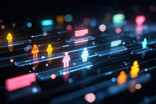 Beyond firewalls: a night expert's cyber defense mission. Virtual teamwork icons. Dynamic data: nighttime cyber defense with digital maps. Virtual collaboration symbol. Social media users. - Powered by Adobe