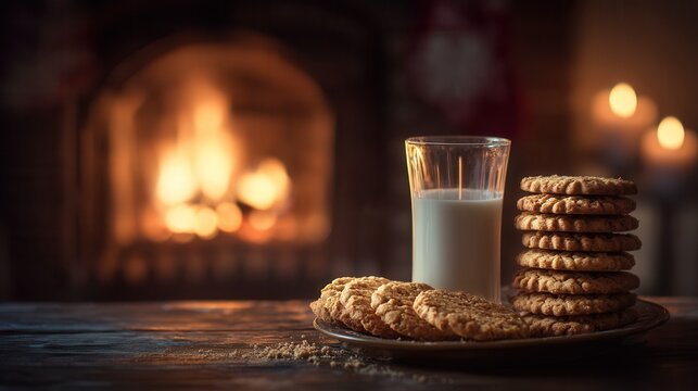 Warm cookies stacked on a wooden plate beside a glass of milk, with a cozy fireplace glowing softly in the background, creating a comforting holiday atmosphere