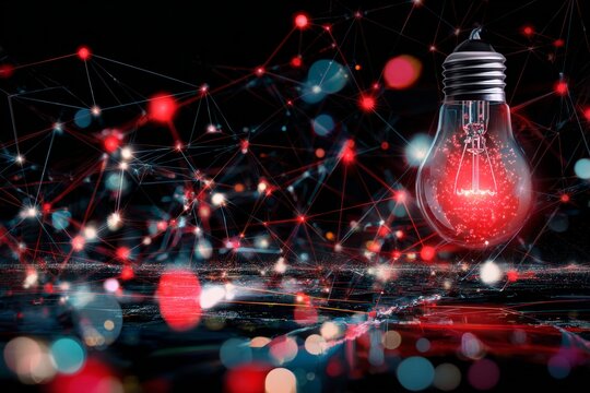 Red glow revolution: a glimpse at technological advances by 2026. Technological mesh. Energized red bulb with tech symbols for a futuristic 2026. Tech innovation. Ai framework.