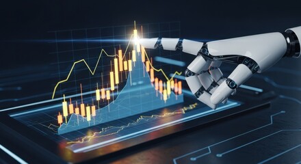 AI Financial Trading: Robotic Hand Touching a Holographic Candlestick Chart Displaying Market Analysis for Automated Investment and Technology
