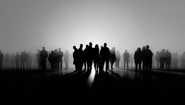 Crowd of silhouettes merges into light, ethereal, anonymous figures