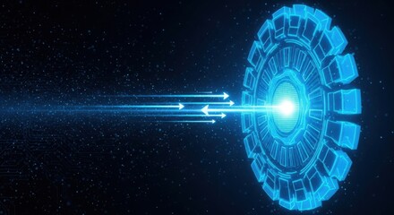 Digital Data Transfer: Blue Glowing Cogwheel Icon with Arrow Beams Shooting Through for High-Speed Connection, Technology, and System Processing