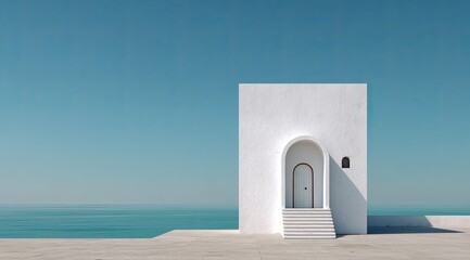 White building arches over sea. Calm, stark, minimalist architecture