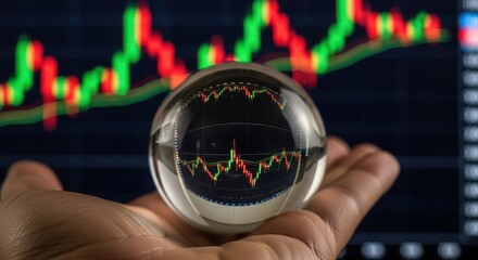 Stock Market Forecasting: Hand Holding Crystal Ball Reflecting Candlestick Charts for Financial Prediction, Investment Strategy, and Trend Analysis