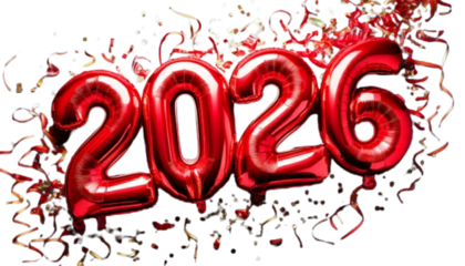  Red 2026 Balloon Numbers in Angled Perspective with Streamers, Isolated on Transparent Background