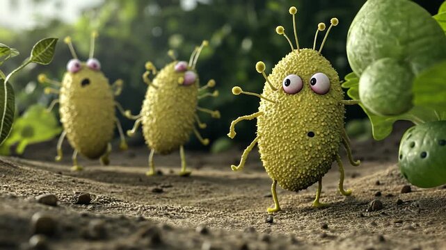 Cartoonish, yellow microbes on dirt