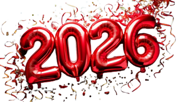  Red 2026 Balloon Numbers in Angled Perspective with Streamers, Isolated on Transparent Background