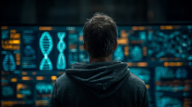 Decoding the future: advanced digital dna analysis. Virtual interface. Advanced genetics exploration with holographic displays creating enriched scenes. Business intelligence. Digital control.