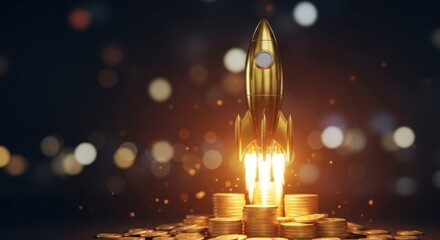 Financial Investment Launch: Golden Rocket Taking Off from a Pile of Gold Coins with Bright Flames and Bokeh Lights for Success and Capital Growth