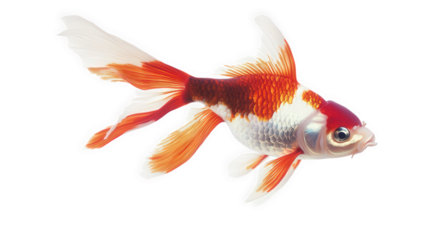 Elegant goldfish isolated on transparent background, displaying a blend of red, orange, and white hues, with flowing fins and a captivating gaze, in a serene composition