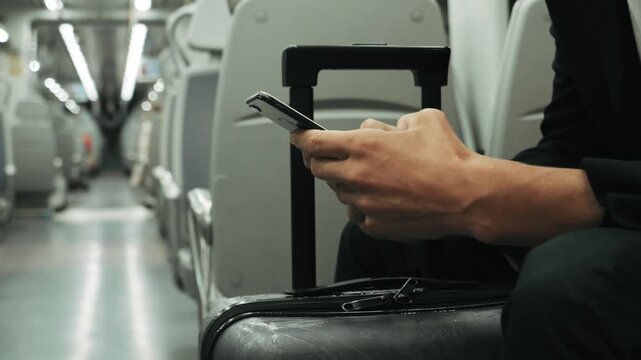 Hand holding using a smartphone with a green screen on the train. Close-up shot of business man traveller tourist with luggage suitcase in metro underground.