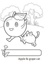 Apple & grape cat coloring page with forest background