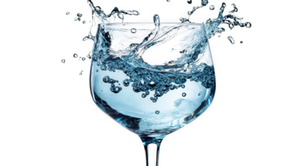 Dynamic water splash isolated on transparent background, captured midair in a glass, showcasing the beauty of fluid motion and the purity of clear liquid