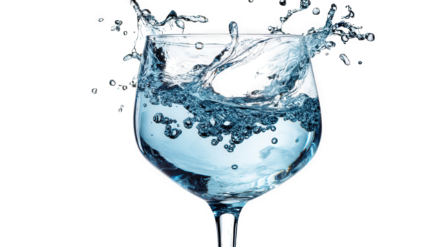 Dynamic water splash isolated on transparent background, captured midair in a glass, showcasing the beauty of fluid motion and the purity of clear liquid
