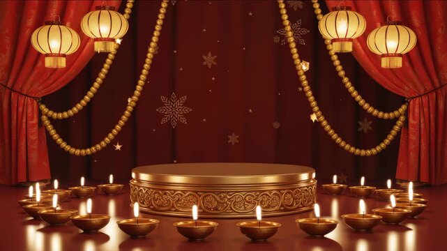 Elegant golden stage glows with warm candlelight, perfect for festive celebrations and cultural events