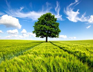 A lone leafy tree in a field under a bright blue sky with fluffy clouds