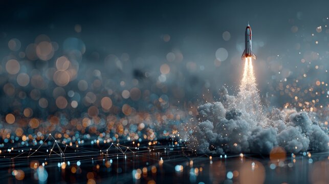 Ascending ambitions: the rise of technological marvels. Information flow. Metallic rocket piercing the atmosphere with fire. Ai dataflow. Smart grid.