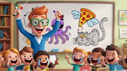 Cartoon teacher with children and animated characters on whiteboard