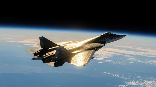 Spectacular Sukhoi Su-57 Felon fighter jet soars over Earth against clear azure skies, a