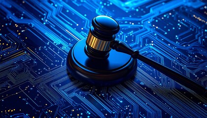 A gavel resting on a computer motherboard. Digital court