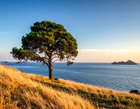 A lone tree on a hill overlooking the ocean at sunset