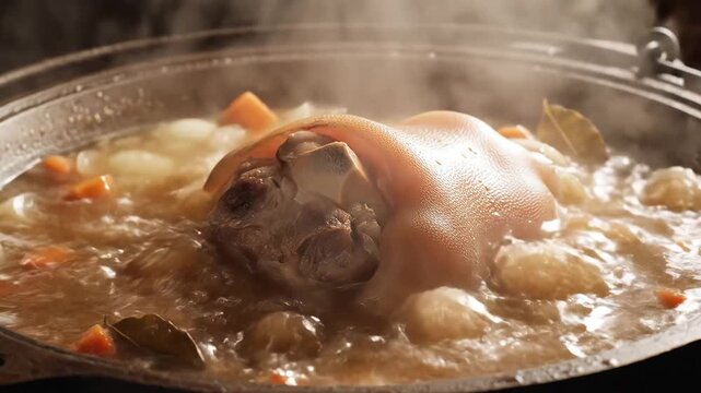 Delicious Pork Knuckle Stew Simmering in a Pot with Vegetables.