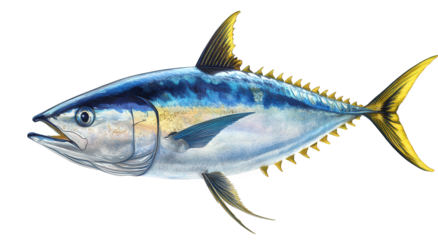 A magnificent tuna isolated on transparent background, exhibiting its sleek blue and yellow body, powerful fins, and streamlined shape, a prized species for sushi