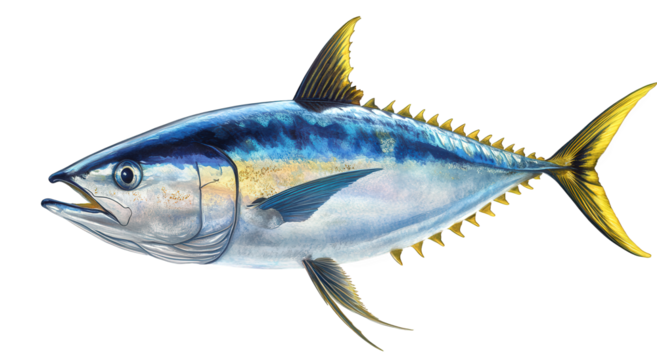 A magnificent tuna isolated on transparent background, exhibiting its sleek blue and yellow body, powerful fins, and streamlined shape, a prized species for sushi