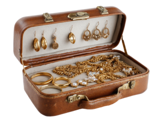Open suitcase holding golden jewelry, earrings, and bracelets