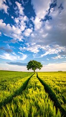 A lone tree stands in a field under a vast, bright blue sky