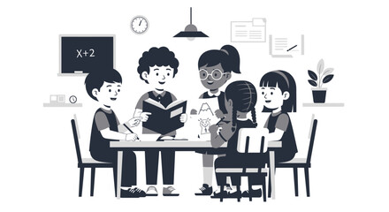 Diverse group of children engaged in collaborative learning at a table.