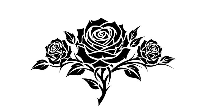 Black silhouette of a three rose flower arrangement isolated on white background
