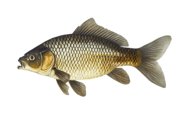 Crucian carp isolated on transparent background, showcasing its distinctive features, scales, and coloration in a detailed and realistic depiction of aquatic wildlife